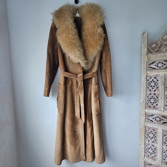 Vintage Genuine Suede Leather Tan Belted Pleated Pockets Pennylane Coat - Picture 3 of 16